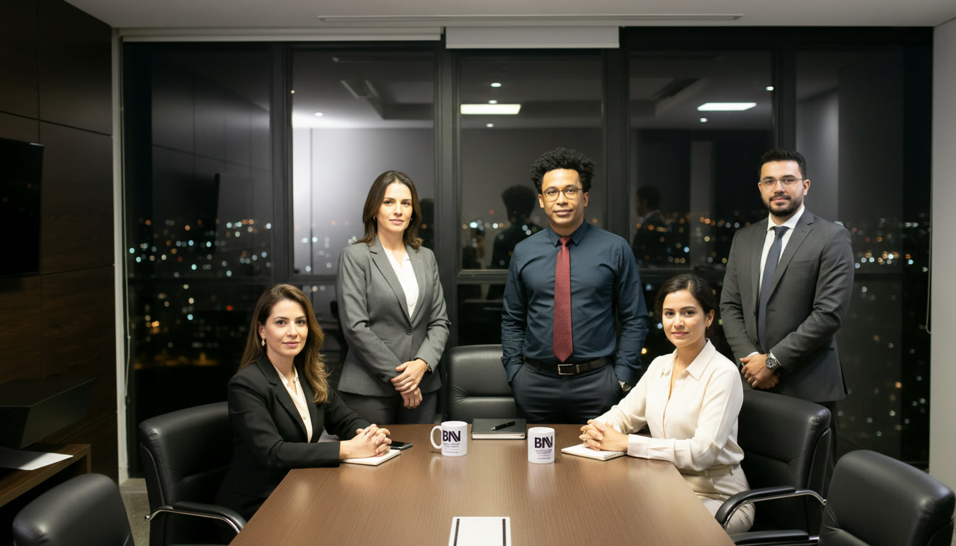 Equipe Jackson Bueno reunida em escritório de advocacia em Belo Horizonte, pronta para acolher trabalhadores com doença ocupacional
