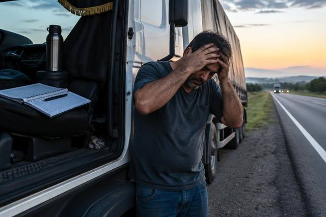Caminhoneiro exausto faz uma parada ao lado do caminhão depois de longa jornada