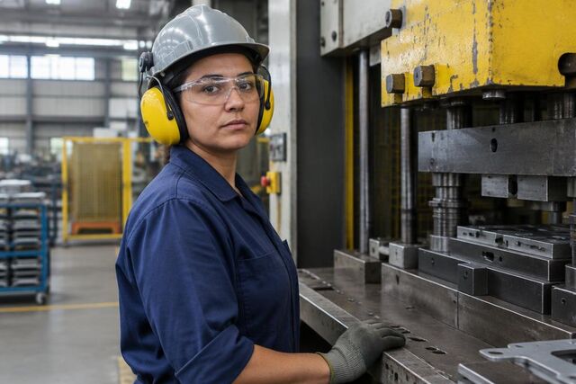 Trabalhadora de capacete e óculos de proteção ao lado de uma prensa industrial na fábrica