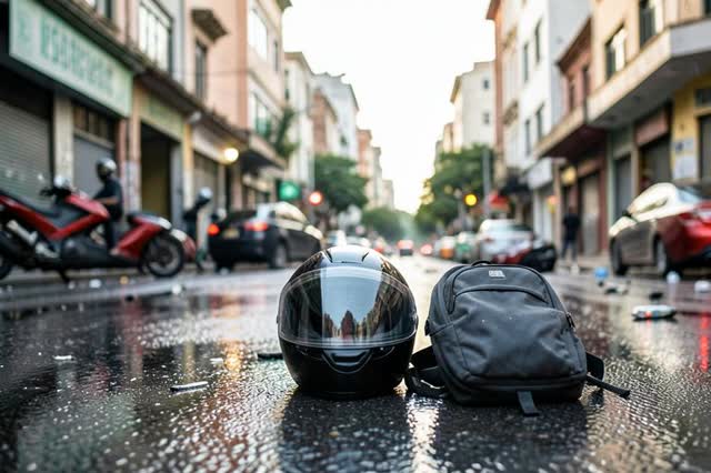 Capacete de moto e mochila na rua após acidente no caminho do trabalho