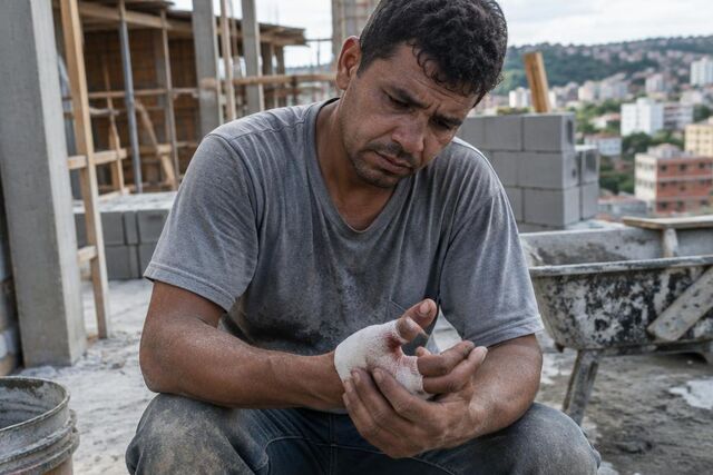Trabalhador da construção civil sem luvas observa a mão machucada sentado na obra