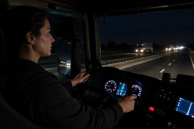 Motorista dirigindo caminhão à noite com o painel aceso na rodovia