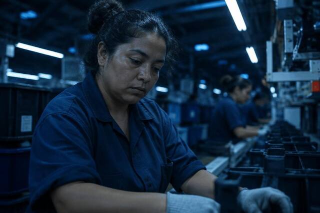 Trabalhadora exausta em turno noturno na linha de produção industrial
