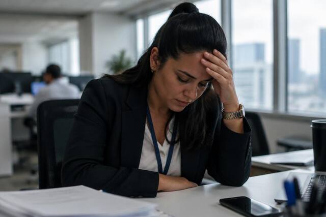 Trabalhadora pressionada por metas abusivas apoia a mão na testa no escritório