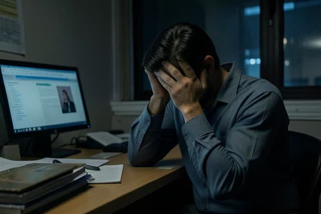 Trabalhador exausto com as mãos no rosto diante do computador