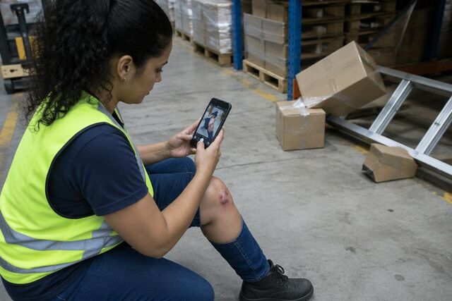 Trabalhadora fotografa com o celular o joelho machucado e o local do acidente dentro do depósito