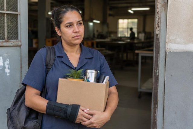 Trabalhadora com tala no punho deixa a fábrica carregando uma caixa com seus pertences após ser demitida depois de um acidente de trabalho