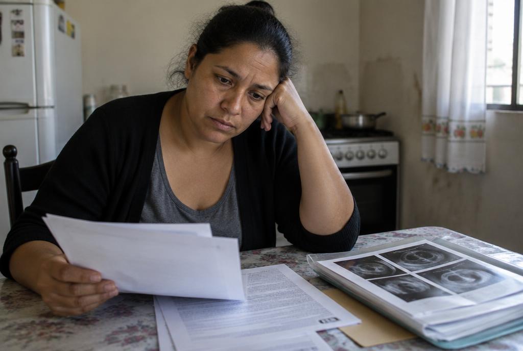 Trabalhadora demitida durante tratamento de saúde revisa documentos e laudos médicos em casa