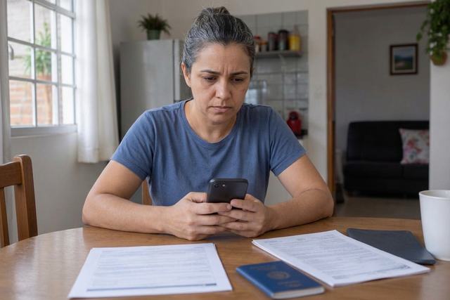 Trabalhadora afastada por motivo médico confere no celular o extrato do FGTS ao lado de documentos do INSS