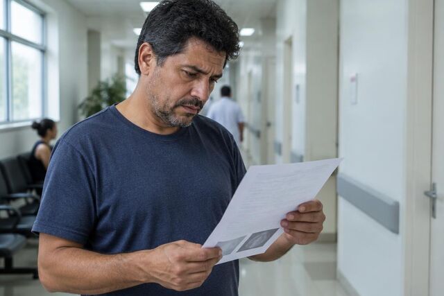 Trabalhador lê o resultado do exame no corredor de uma clínica depois de já ter saído da empresa