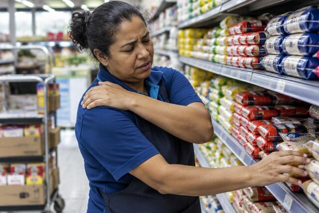 Trabalhadora de supermercado leva a mão ao ombro dolorido enquanto repõe mercadoria na prateleira