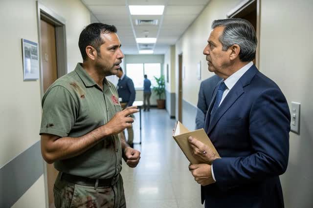 Trabalhador acidentado conversando com responsável da empresa no corredor