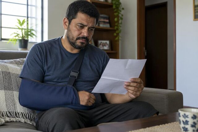 Trabalhador com o braço em tipoia lê em casa uma carta enviada pela empresa durante o afastamento