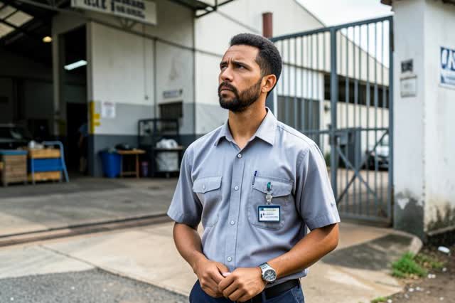 Trabalhador de uniforme em frente à fábrica após retornar do afastamento