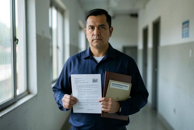 Trabalhador de uniforme segurando a alta médica e a carteira de trabalho ao retornar à empresa depois do afastamento pelo INSS