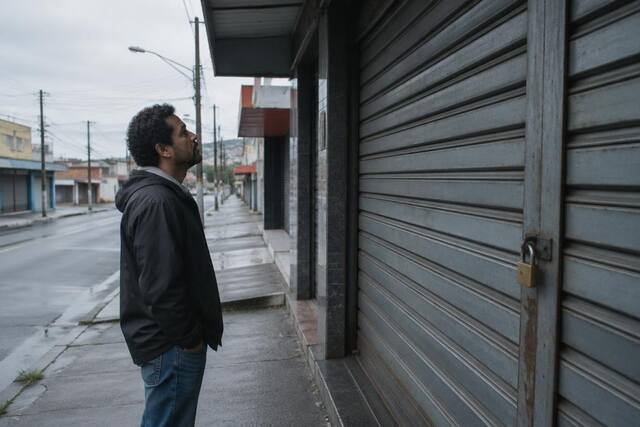 Homem observa porta fechada com cadeado em loja desativada