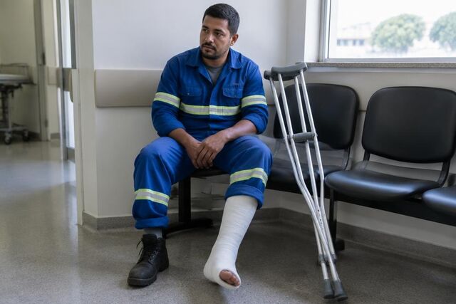 Trabalhador de uniforme com a perna engessada aguarda atendimento no hospital ao lado das muletas