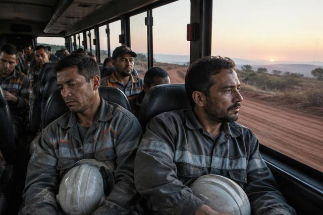 Trabalhadores da mina dentro do ônibus da empresa em estrada de terra ao amanhecer