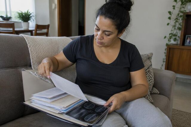 Ex-funcionária revisa em casa uma pasta com documentos de trabalho e exames antigos