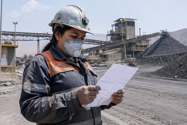 Trabalhadora de mineração confere um contracheque em frente à planta industrial