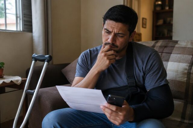 Trabalhador com o braço imobilizado em casa lê o atestado e confere o celular após ser afastado pelo INSS