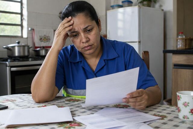 Trabalhadora de uniforme lê preocupada a carta de concessão do benefício do INSS na mesa da cozinha