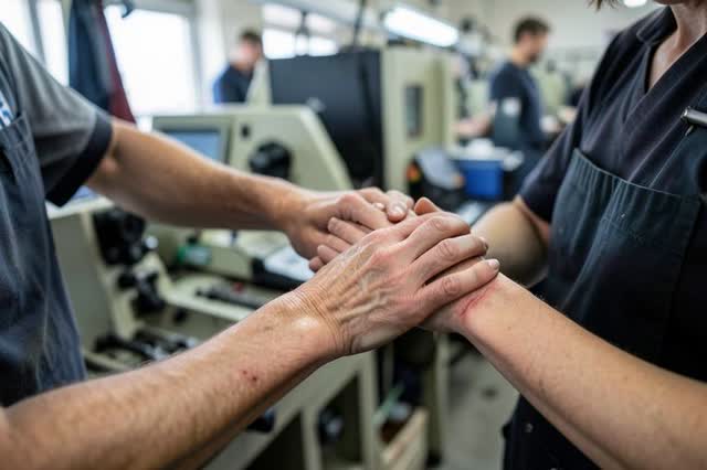 Mãos e punhos doloridos de trabalhadora em linha de produção