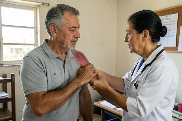 Médica examinando o ombro de trabalhador com dor em consultório