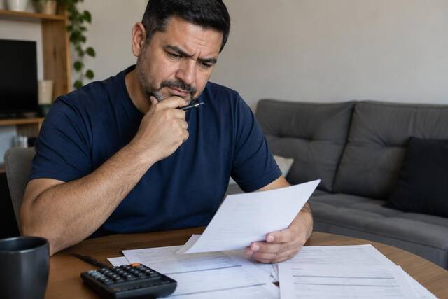 Homem revisa extratos e contracheques com calculadora sobre pensão alimentícia
