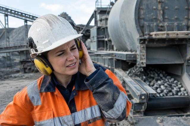 Trabalhadora de mineração com protetor auricular leva a mão ao ouvido perto do britador