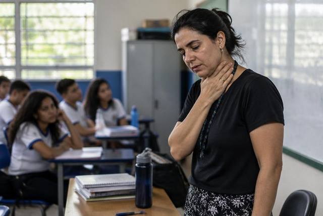 Professora sente desconforto na garganta depois de usar a voz durante a aula
