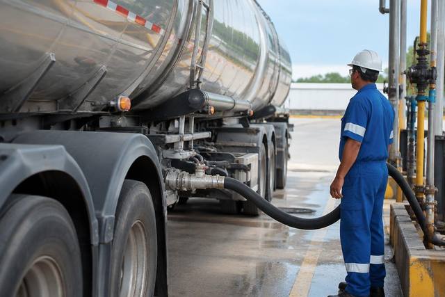 Caminhão-tanque de combustível sendo abastecido em terminal com motorista acompanhando