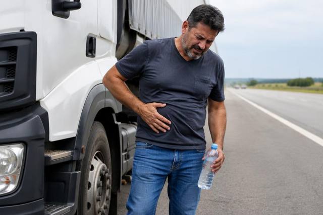 Caminhoneiro com dor abdominal parado ao lado do caminhão na beira da rodovia