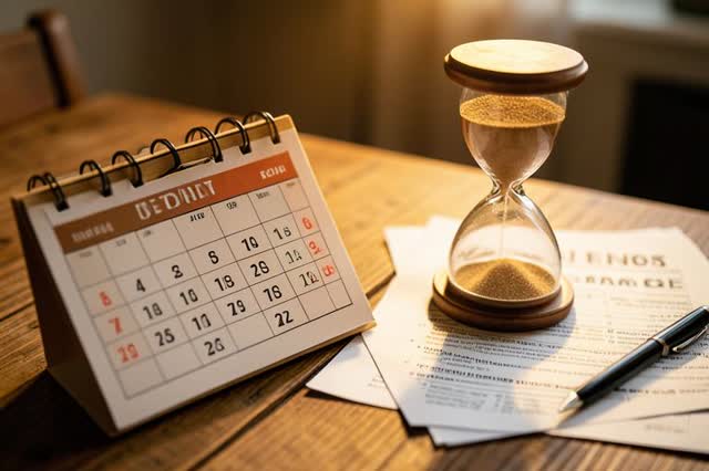 Calendário e ampulheta ao lado de documentos médicos sobre a mesa