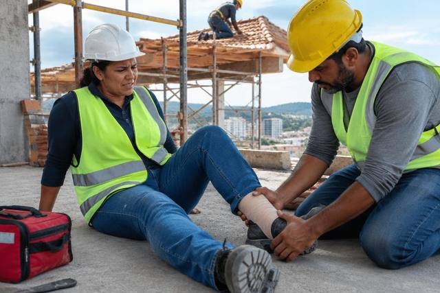 Trabalhadora recebe ajuda após queda em obra com trabalho em altura