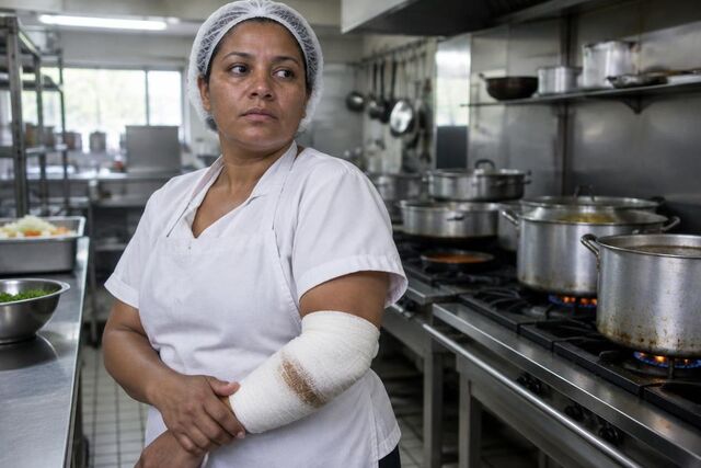 Cozinheira com o antebraço enfaixado após queimadura em cozinha industrial
