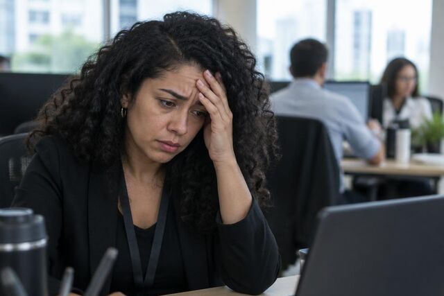 Trabalhadora exausta e ansiosa apoia a mão na testa diante do computador no escritório