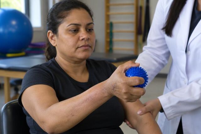 Trabalhadora com cicatriz no braço faz exercício de fisioterapia para recuperar movimento após o acidente