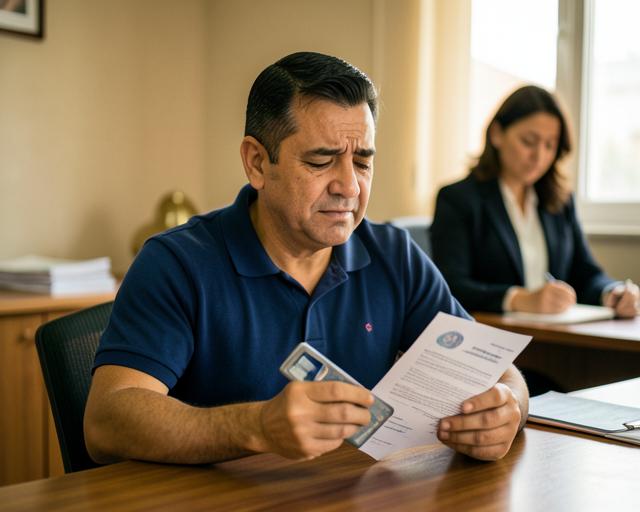 Trabalhador conferindo a carteira de trabalho e o documento de alta médica do INSS após acidente de trabalho