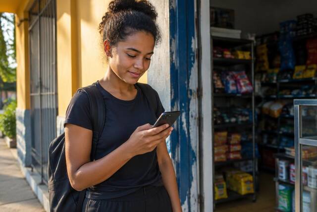 Jovem trabalhadora confere o celular aguardando convocação de trabalho