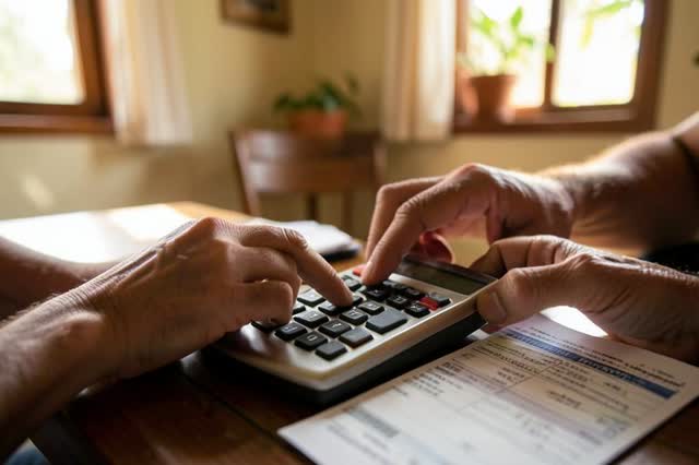 Mãos usando calculadora com contracheques sobre a mesa