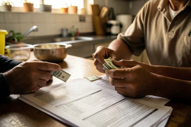 Mãos contando dinheiro ao lado de documentos e laudos médicos