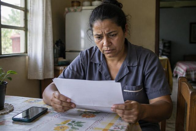 Trabalhadora de uniforme em casa lê preocupada a carta de demissão recebida logo após a alta do INSS